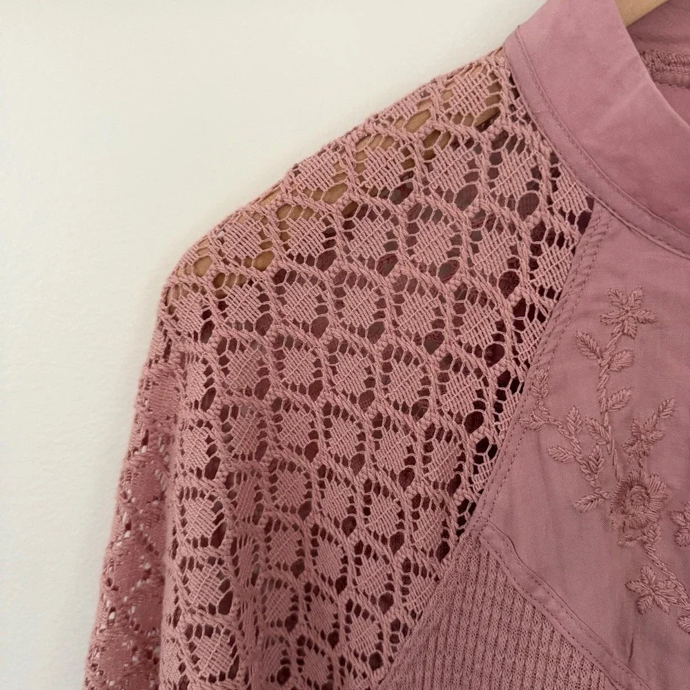 Free People Women's Sweetest Thing Thermal Pink Blush Top Lace Balloon‎ Sleeve M
